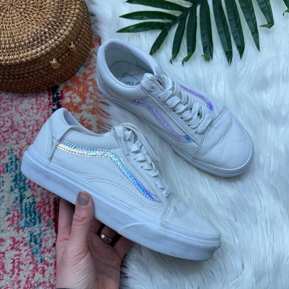 Vans Shoes - Vans White Iridescent Leather Old Skool Sneaker 6 Bride Bridal Wedding Shoe